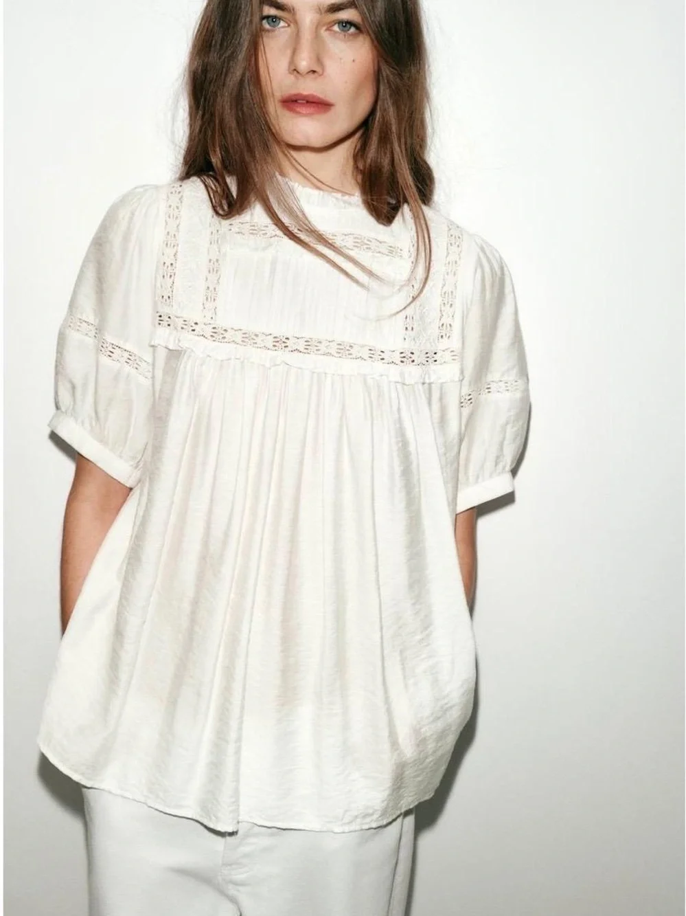 Zara Cream Lace-Trim Peasant Top